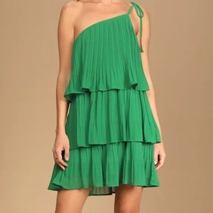 Lulus Blowing Kisses Green Pleated One-Shoulder Mini Dress